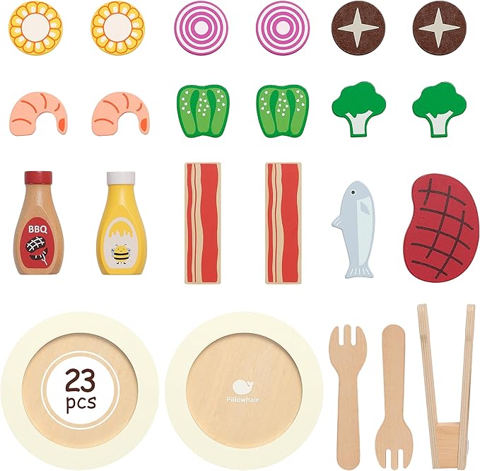 Play Food, Wooden Play Kitchen Food, Toy Food for Toy Kitchen and Grill, 24 Pcs Toddler Pretend Play with Play Dishes, Food Toys for Toddlers Boys Girls Ages 3+