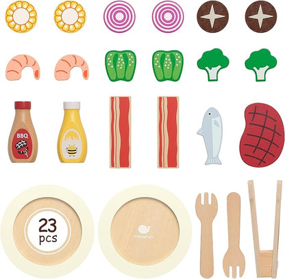 Play Food, Wooden Play Kitchen Food, Toy Food for Toy Kitchen and Grill, 24 Pcs Toddler Pretend Play with Play Dishes, Food Toys for Toddlers Boys Girls Ages 3+