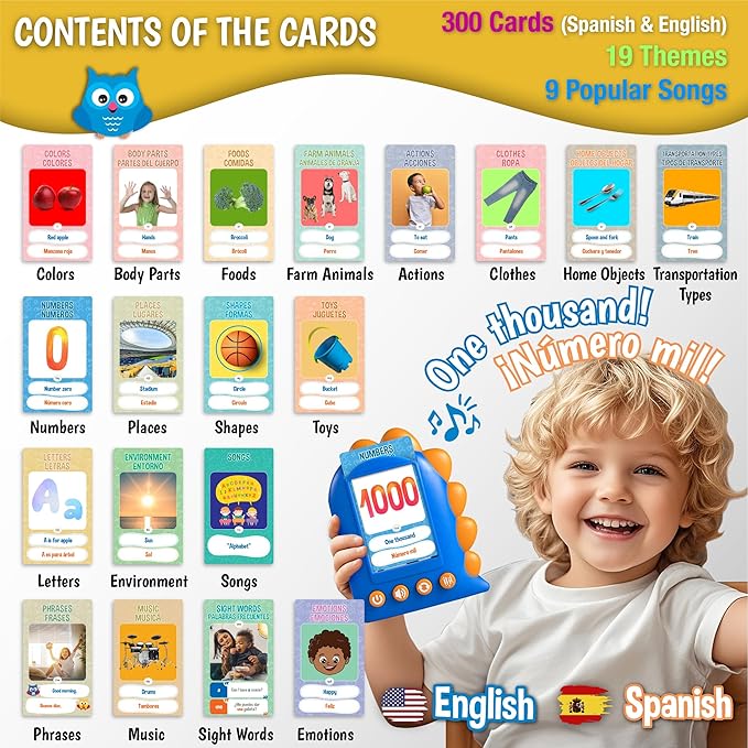 GUFINO Talking Flash Cards – 300 Spanish Flashcards for Kids for Cognitive Abilities & Boost Language Development – Learning Games, Blue Toddler Boy Gifts. See and Say Toys for Toddlers