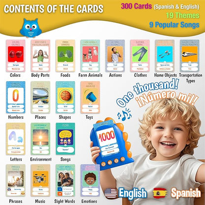 GUFINO Talking Flash Cards – 300 Spanish Flashcards for Kids for Cognitive Abilities & Boost Language Development – Learning Games, Blue Toddler Boy Gifts. See and Say Toys for Toddlers