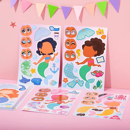 JOYIN 36 Pcs 9"x6" Mermaid Make a face Stickers for Kids, Make Your Own Mermaid Sticker Sheets, Party Favors Kids Crafts, Goodie Bags Stuffers, Classroom Rewards