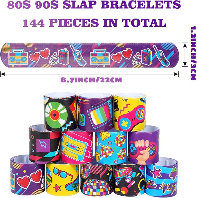 144 Pcs 80s 90s Party Favors Slap Bracelets 80s Wristbands Bracelets Back to 80s 90s Throwback Theme Party Decorations Slap Bracelets Retro Cute Cassette Tape for 80s Adults Birthday Party Supplies