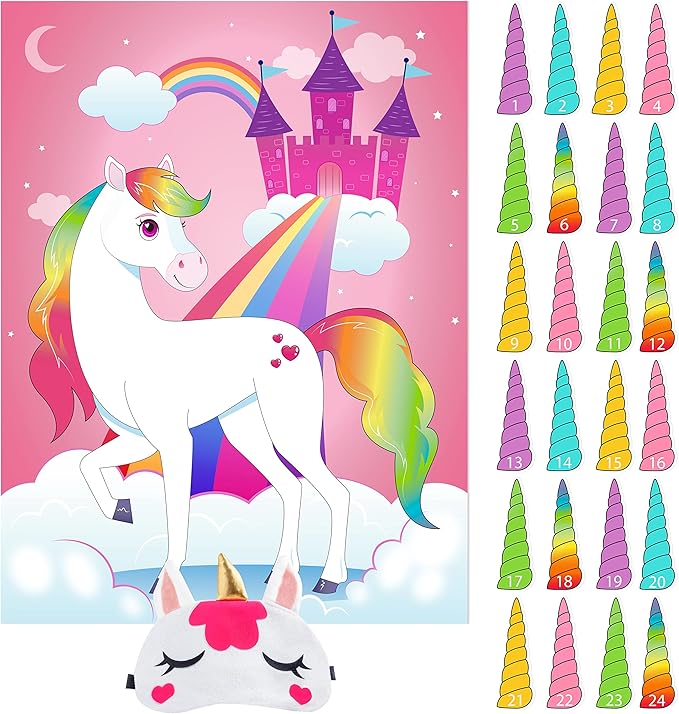 JOYIN Pin The Unicorn Horn Game, 24 Pcs 21'' x 28'' Unicorn Themed Party Games Party Supplies Birthday Party Decorations for Kids Girls