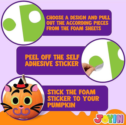 JOYIN 18 Packs Halloween Craft Foam Stickers, Arts Activities Party Supplies, Kids Party Favors, Pumpkin Decorating Kit, Jack O Lantern Face Sticker in 6 Funny Designs, Pumpkin Decor School Party Game