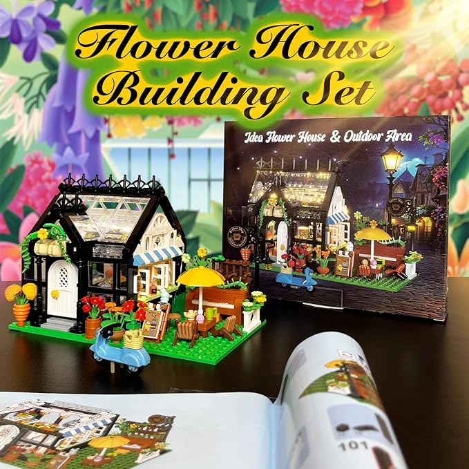 Flower Garden House Building Set with Led Lights,Greenhouse Model Playset City Street Flower Shop Building Blocks Kits for Adults Kids 8+ Present Black（475PCS ）