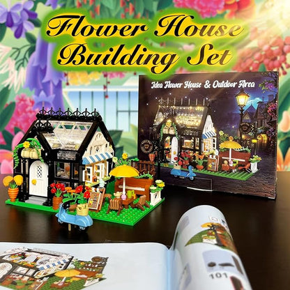 Flower Garden House Building Set with Led Lights,Greenhouse Model Playset City Street Flower Shop Building Blocks Kits for Adults Kids 8+ Present Black（475PCS ）