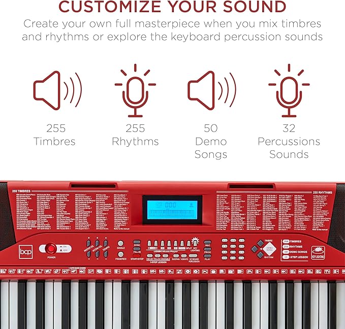 Best Choice Products 61-Key Beginners Complete Electronic Keyboard Piano Set w/Lighted Keys, LCD Screen, Headphones, Stand, Bench, Teaching Modes, Note Stickers, Built-In Speakers - Red