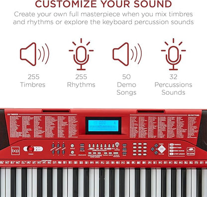 Best Choice Products 61-Key Beginners Complete Electronic Keyboard Piano Set w/Lighted Keys, LCD Screen, Headphones, Stand, Bench, Teaching Modes, Note Stickers, Built-In Speakers - Red