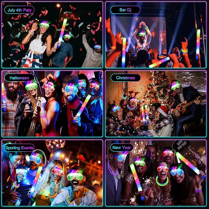 248 PCS Glow Party Supplies,New Year Party Favors 24PCS Foam Glow Sticks, 24PCS LED Glasses and 200PCS Glow Sticks Bracelets, Neon Party Favors for Glow Party, Wedding,Concert,Raves and Birthday