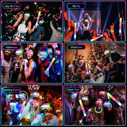 248 PCS Glow Party Supplies,New Year Party Favors 24PCS Foam Glow Sticks, 24PCS LED Glasses and 200PCS Glow Sticks Bracelets, Neon Party Favors for Glow Party, Wedding,Concert,Raves and Birthday