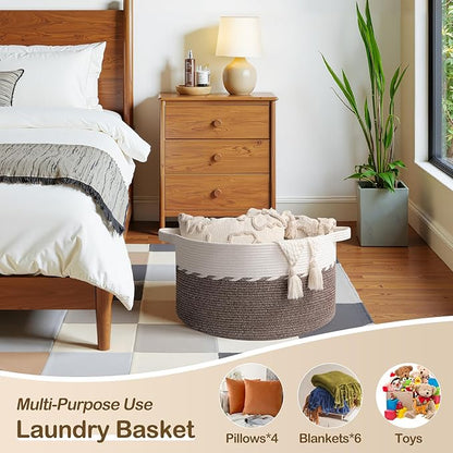 OIAHOMY 90L Blanket Basket for Living Room, Large Basket 23" x 23" x 13" with Handle, Laundry Hamper for Blankets, Pillows, Toy Storage for Kids, Dogs - Brown & White