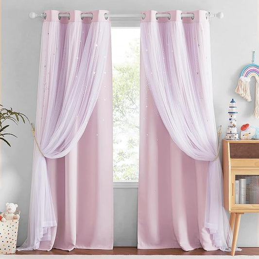 NICETOWN 2 Panels Stars Blackout Curtains for Bedroom Kids Baby Window Double Layer Moon Star Cut Out Living Room Decor Wall Home Decorations Curtain, W42 x L84 Inches Long, Pink