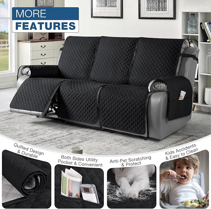 TAOCOCO Recliner Sofa Slipcover Couch Covers for 3 Cushion Couch, Pet Sofa Cover for 3 Seat Recliner Sofa, Washable Reclining Sofa Cover Furniture Protector with Elastic Straps(3 Seater, Black)