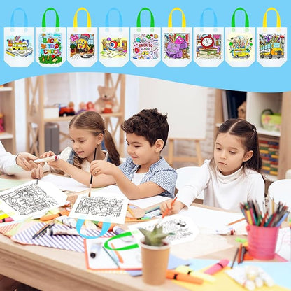 Kacctyen 45 Pcs Back to School Coloring Goodie Bags Reusable Back to School Art Party Favor Paint Bags for Kids Farmhouse Theme Barnyard Birthday Bags Color Your Own Bag Graffiti Goodie Bags, 9 Styles
