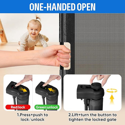 34X120” Extra Wide Safety Retractable Baby Gate, Extra Wide Safety Kids or Pets Gate, 34” Tall, Extends to 120” Extra Wide, Built-in Reinforce Strip Mesh Safety Dog Gate for Stairs (34”X120”, Black)