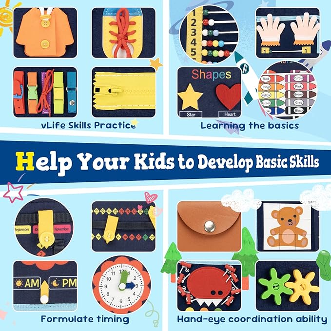 Toddler Busy Board Book Montessori Toys,Sensory Book Educational Activities for Learning Fine Motor Skills, Quiet Travel Essentials for Airplane & Car, Birthday Gift for Boys Girls Toddlers