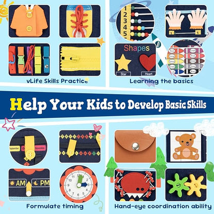 Toddler Busy Board Book Montessori Toys,Sensory Book Educational Activities for Learning Fine Motor Skills, Quiet Travel Essentials for Airplane & Car, Birthday Gift for Boys Girls Toddlers