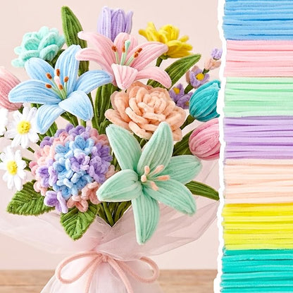 Caydo 300 Pieces Macaroon Pipe Cleaners for Flowers, Thick Fluffy Chenille Stems for Creative Art & Craft Making and Easter Decorations
