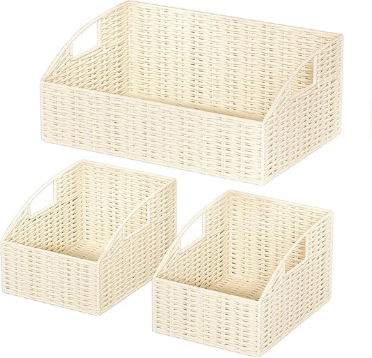 Ollieroo Rattan Storage Baskets, Handwoven Wicker Storage Bins with Built-in Handles, Storage Container Baskets for Shelves, Bedroom, Bathroom, Laundry Room or Kitchen(Beige)