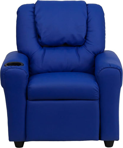 Flash Furniture Vana Vinyl Kids Recliner with Cup Holder, Headrest, and Safety Recline, Contemporary Reclining Chair for Kids, Supports up to 90 lbs., Blue