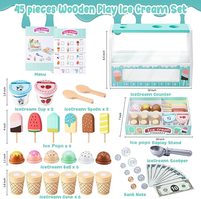 WHOHOLL Wooden Ice Cream Counter Playset for Toddler Girl Toys, Play Store Pretend Toy Food Play Kitchen Accessories with Fake Money & Coin, Christmas Birthday Gifts for 3+ Year Old Kids (Green)