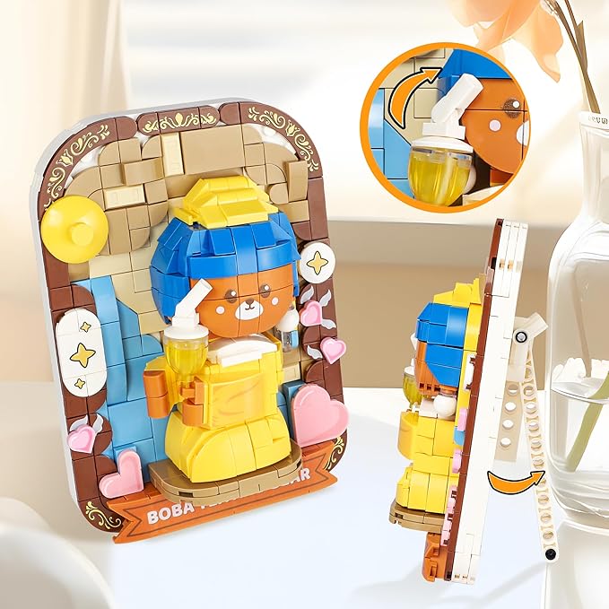 Cute 3D Painting Anime Toy Building Sets,Model Building Kits for Kids Adults,Boba Tea and Bear Building Blocks Sets ,Famous Art Sets for Women,Birthday Gifts for Kids(393+ Pieces Bricks)