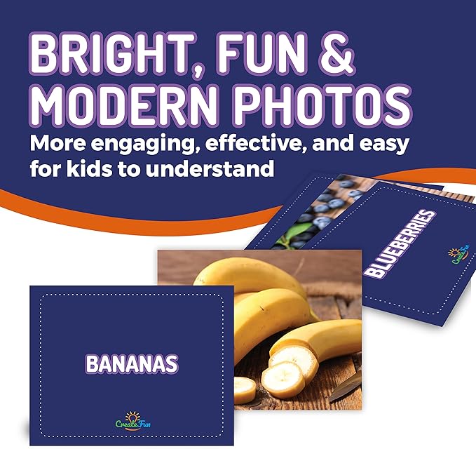 50 Food Double Sided Flash Cards - Nutritious Fruits, Heathly Vegetables, Yummy Desserts & Snacks - Educational Learning Picture Cards for Kids, Adults, Speech Therapy, ESL, ABA, Autism, Dementia