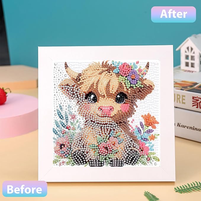 hkejoi Highland Cow Diamond Painting Kits for Kids with Frame- Highland Cow Diamond Art Kits, Animal Big Gem Diamond Painting Arts and Crafts Painting Kit for Gift Home Wall Decor 7x7inch