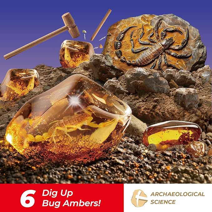 EDUMAN Amber Dig Kit - 6 Artificial Insect Resin Specimens, Bugs Fossil Excavation Set with Natural Amber, STEM Inspired Educational Toy for Kids Ages 6-12, for Boys & Girls