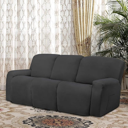 Easy-Going 8 Pieces Microfiber Stretch Sectional Recliner Sofa Slipcover Soft Fitted Fleece 3 Seats Couch Cover Washable Furniture Protector with Elasticity for Kids Pet(Recliner Sofa, Dark Gray)