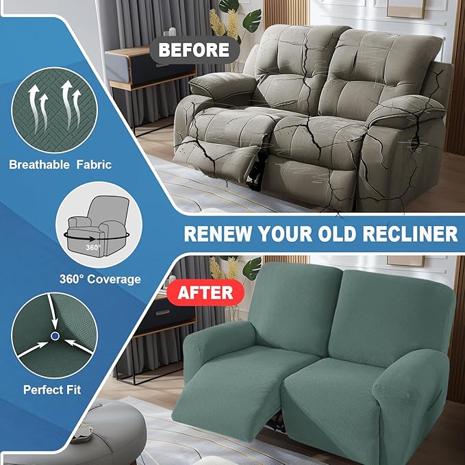 JIVINER 4 Pieces Recliner Loveseat Covers Stretch Recliner Sofa Slipcover with Elastic Bottom Jacquard Fitted Reclining Couch Cover Furniture Protector with Pockets (2 Seater, Pea Green)