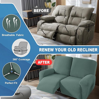 JIVINER 4 Pieces Recliner Loveseat Covers Stretch Recliner Sofa Slipcover with Elastic Bottom Jacquard Fitted Reclining Couch Cover Furniture Protector with Pockets (2 Seater, Pea Green)