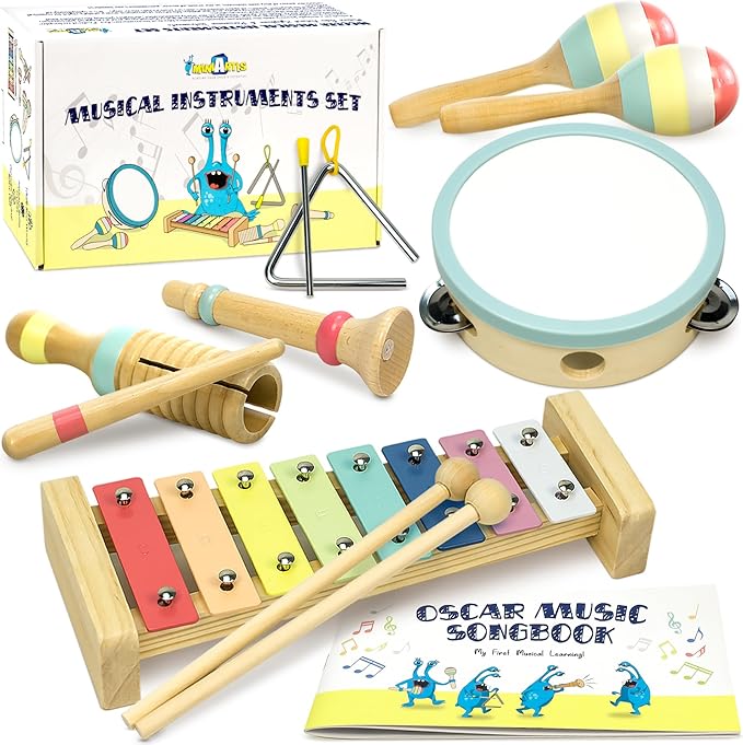 MINIARTIS Musical Instruments Set - Montessori Wooden Toys for Toddlers 1-3 | Modern Boho Baby Xylophone with Songbook | Neutral Colors Percussion Instruments | Kids Preschool Educational