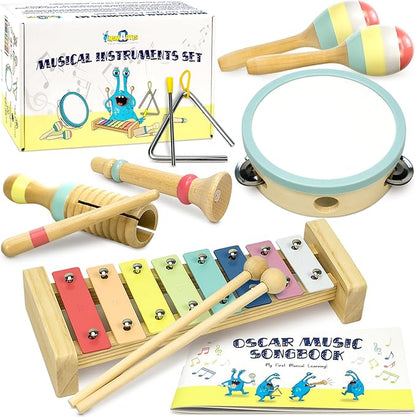 MINIARTIS Musical Instruments Set - Montessori Wooden Toys for Toddlers 1-3 | Modern Boho Baby Xylophone with Songbook | Neutral Colors Percussion Instruments | Kids Preschool Educational