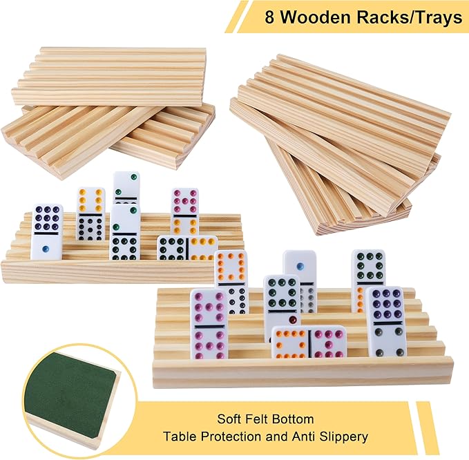 Double 12 Mexican Train Dominoes Set for Adults with 8pcs Wooden Trays, 9 Train Markers, 91 Color Dot Tile Dominos in Tin Box & Hub - Classic Family Board Game Set Party Toy Gift for Kids