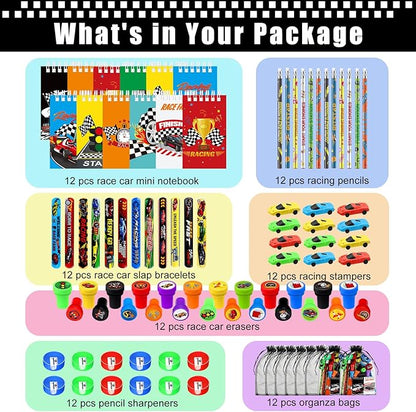 Shappy 84 Pcs Race Car Party Favors Racing Stationery Set Spiral Notebook Slap Bracelets Pencils Erasers Sharpeners Stampers Organza Bags for Racing Theme Classroom Prize Gift Birthday Party Supplies