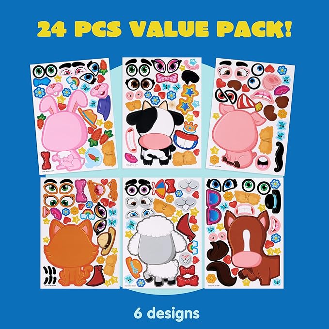 JOYIN 24PCS 9"x6" Make a face Stickers for Kids, Make Your Own Farm Animal Stickers, Party Favors Kids Crafts, Goodie Bags Stuffers, Classroom Rewards