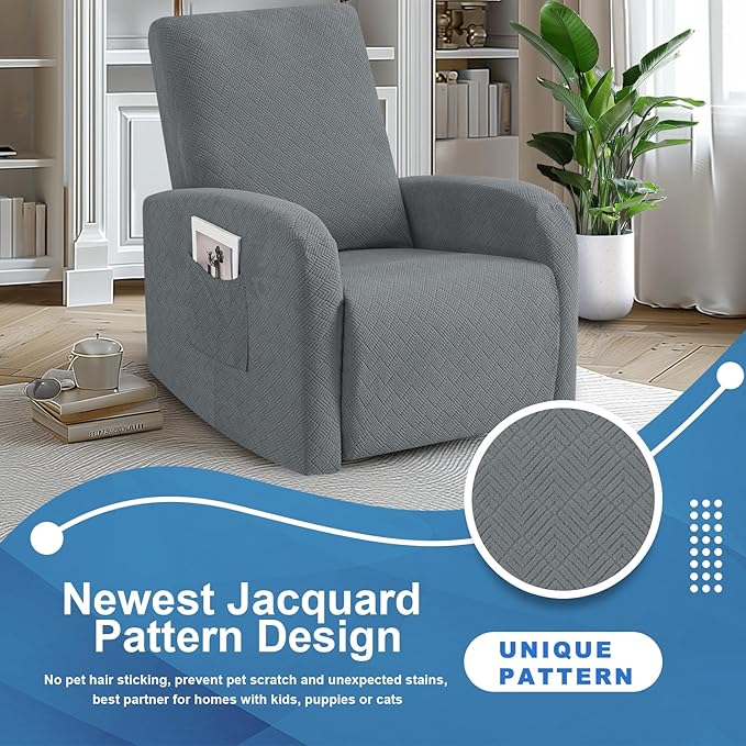 JIVINER 3 Piece Small Recliner Covers for Large Recliner with Pockets Stretch Jacquard Lazy Boy Reclining Couch Cover Soft Furniture Couch Protector with Elastic Bottom (1 Seater Small, Light Grey)