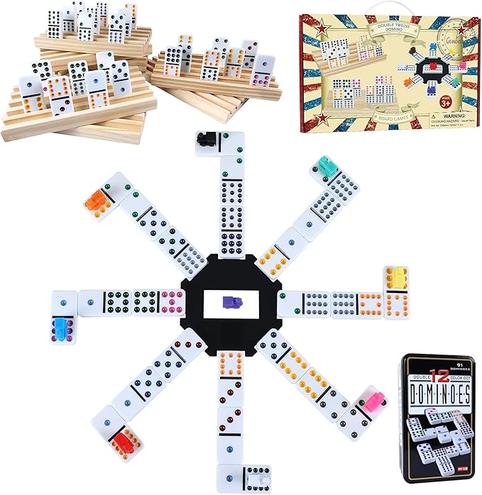 Double 12 Mexican Train Dominoes Set for Adults with 8pcs Wooden Trays, 9 Train Markers, 91 Color Dot Tile Dominos in Tin Box & Hub - Classic Family Board Game Set Party Toy Gift for Kids