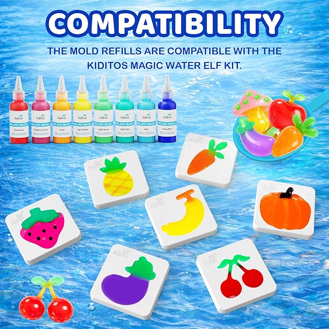 Kiditos Magic Water Elf Fruits & Vegetables Mold Set – 10 Reusable BPA Free Plastic Shapes for Creating Colorful Water Elves, STEM Craft Toy for Kids