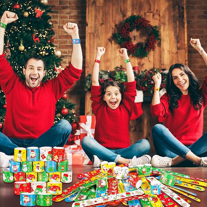 Max Fun 48pcs Christmas Slap Bracelets Party Favors Toys for Kids Xmas Party Favors Christmas Stocking Stuffers (Christmas)