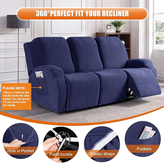 VANSOFY Recliner Cover, 3-Pieces Stretch Reclining Couch Covers with Pockets Reclining Sofa Slipcovers 3 Seater Soft Washable Furniture Protector for Dogs Cats(Navy Blue)