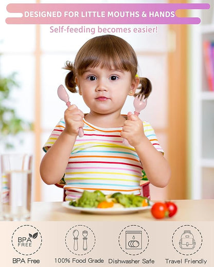 Deejoy Toddler Utensils with Travel Safe Case, Silicone Baby Spoons and Fork Set for Self Feeding, Toddlers Feeding Training Spoon, Easy Grip Heat-Resistant, Bendable Function (2 Sets, Green&Pink)