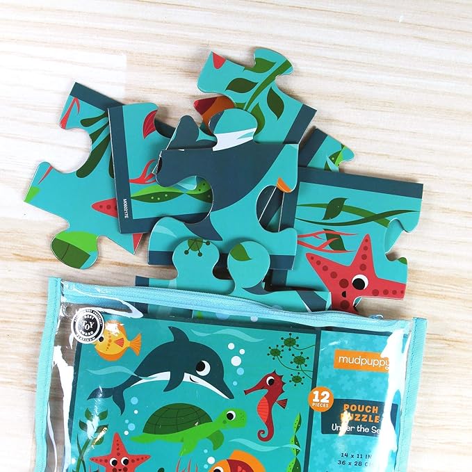 Mudpuppy Under the Sea – 12 Piece Puzzle with Reusable Zipper Pouch Featuring Colorful and Fun Illustrations of Ocean Creatures Perfect for Easy Storage and Travel
