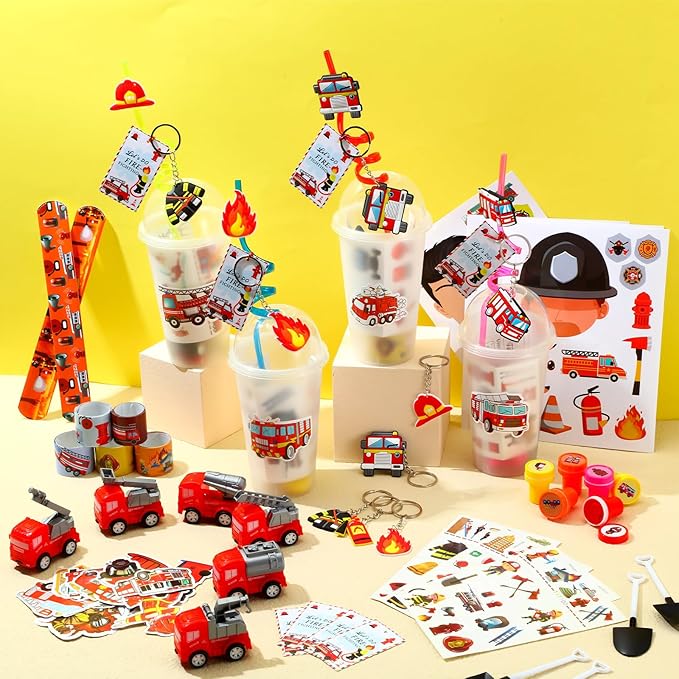 HyDren 171 Pcs Firefighter Party Favors Included Gift Cup Straw Keychain Slap Bracelet Mini Truck Sticker Stamper Card Tattoo Sticker Shovel Sticker Tag Cable Tie For Birthday Gift Prize