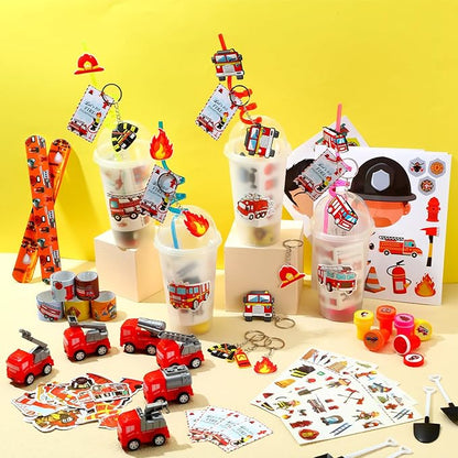 HyDren 211 Pcs Firefighter Party Favors Included Gift Cup Straw Keychain Slap Bracelet Mini Truck Sticker Stamper Card Tattoo Sticker Shovel Sticker Tag Cable Tie For Birthday Gift Prize