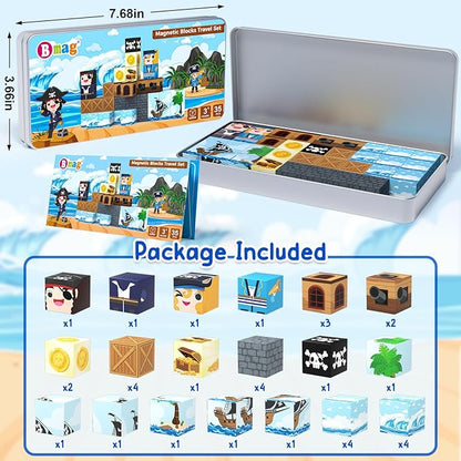 Bmag Magnetic Building Blocks for Kids,35 PCS Pirate-Themed Set, STEM Educational Magnet Toys for Kids Ages 3+, Travel Friendly Toys with Storage Box, Gifts for Boys and Girls