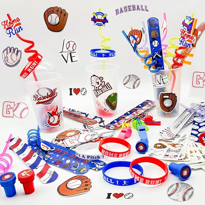 146 Pcs Baseball Party Favors, Sports Party Supplies with Cup Straw Baseballl Keychain Tattoo Sticker Slap Bracelet Whistle Treat Bag Gifts for Classroom Rewards Sports Birthday Party (Baseball)