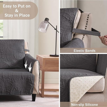 Water Repellent Gray Loveseat Cover for 2 Cushion Couch, Machine Washable Love Seat Quilted Couch Covers, Pet Friendly Slipcovers (Loveseat 48", Gray)
