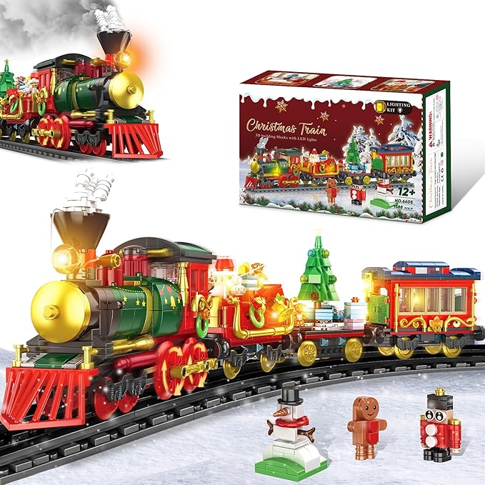 Christmas Train Building Blocks for Kids, Christmas Train 2024 Collectible Holiday Building Block Home Decor with Light, Tabletop for Boys, Girls and Adults, 1588Pcs